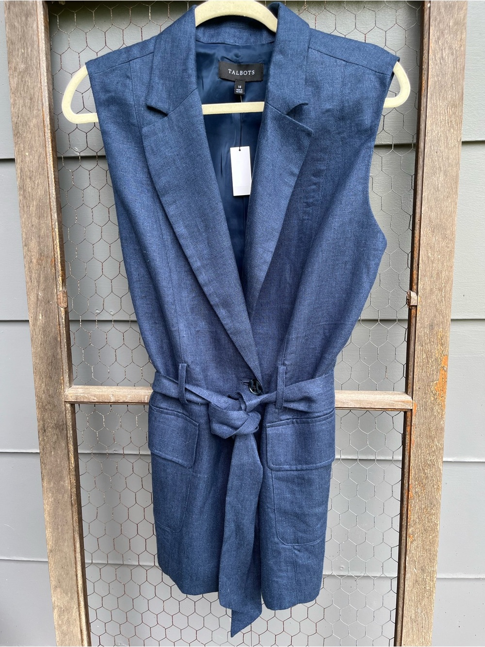 Talbots Tailored Long Linen Vest Belted Waist Fully Lined Denim Blue Sz 14